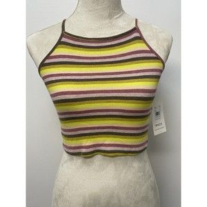 RVCA Striped High Neck Cross Back Straps Cropped Tank Top HatTrick Size Med NWT